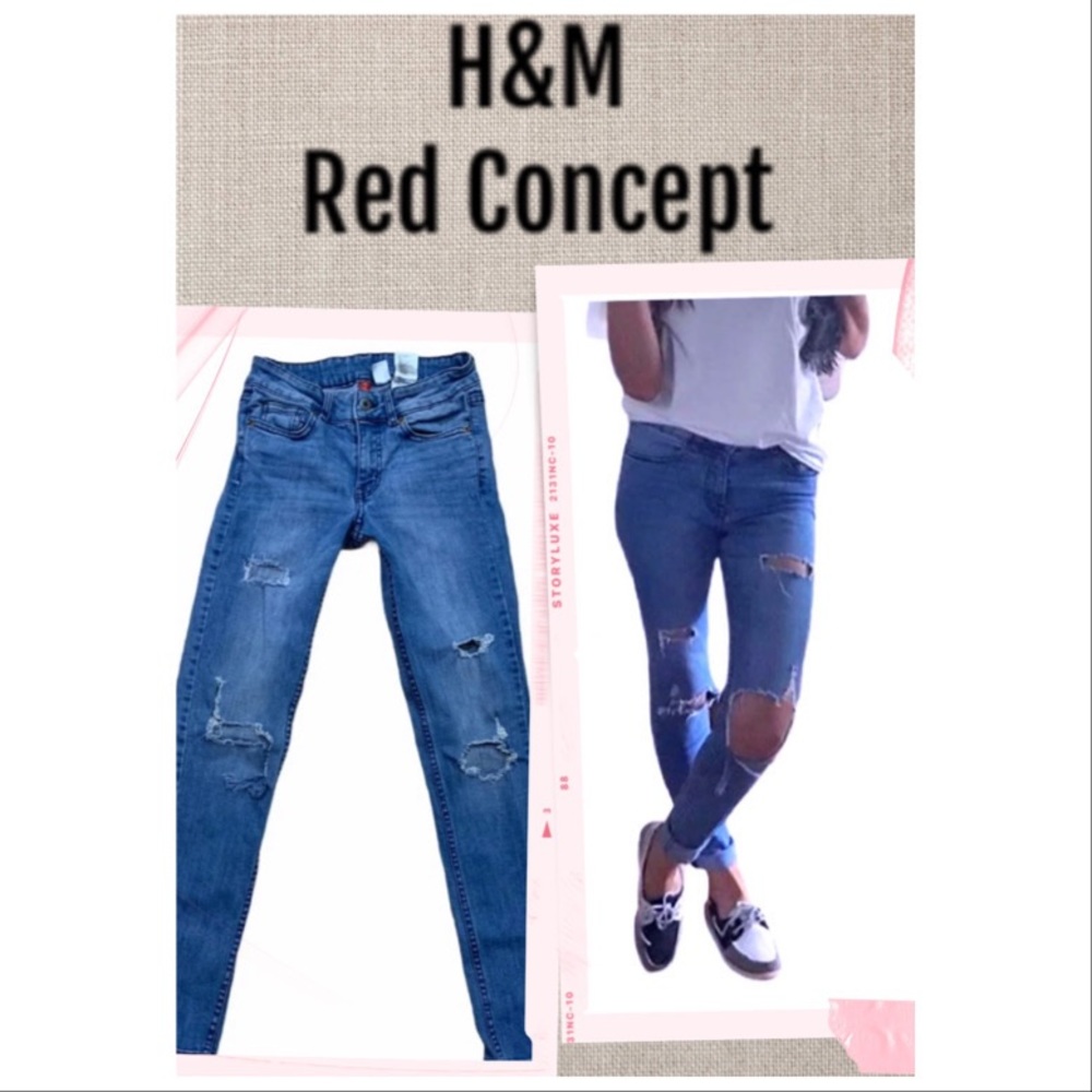 H&M Jeans Limited Red Concept Distressed 54S.1747 Denim Jeans Size 4